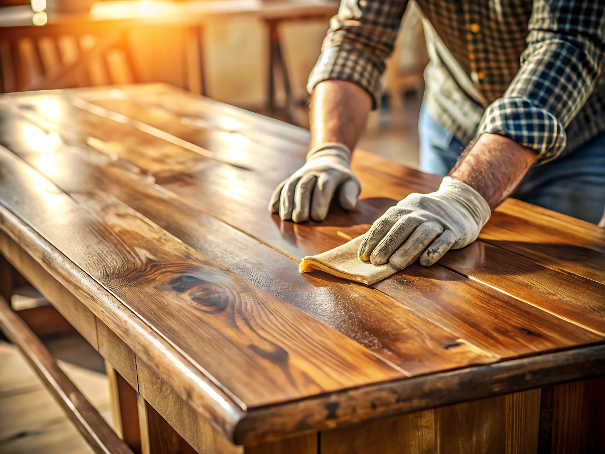 Lackierarbeiten – Peter Weigert Lackiermeister Mann lackiert einen rustikalen Holztisch