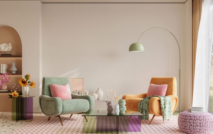 helles modernes Wohnzimmer mit bunten Sesseln und Dekoration