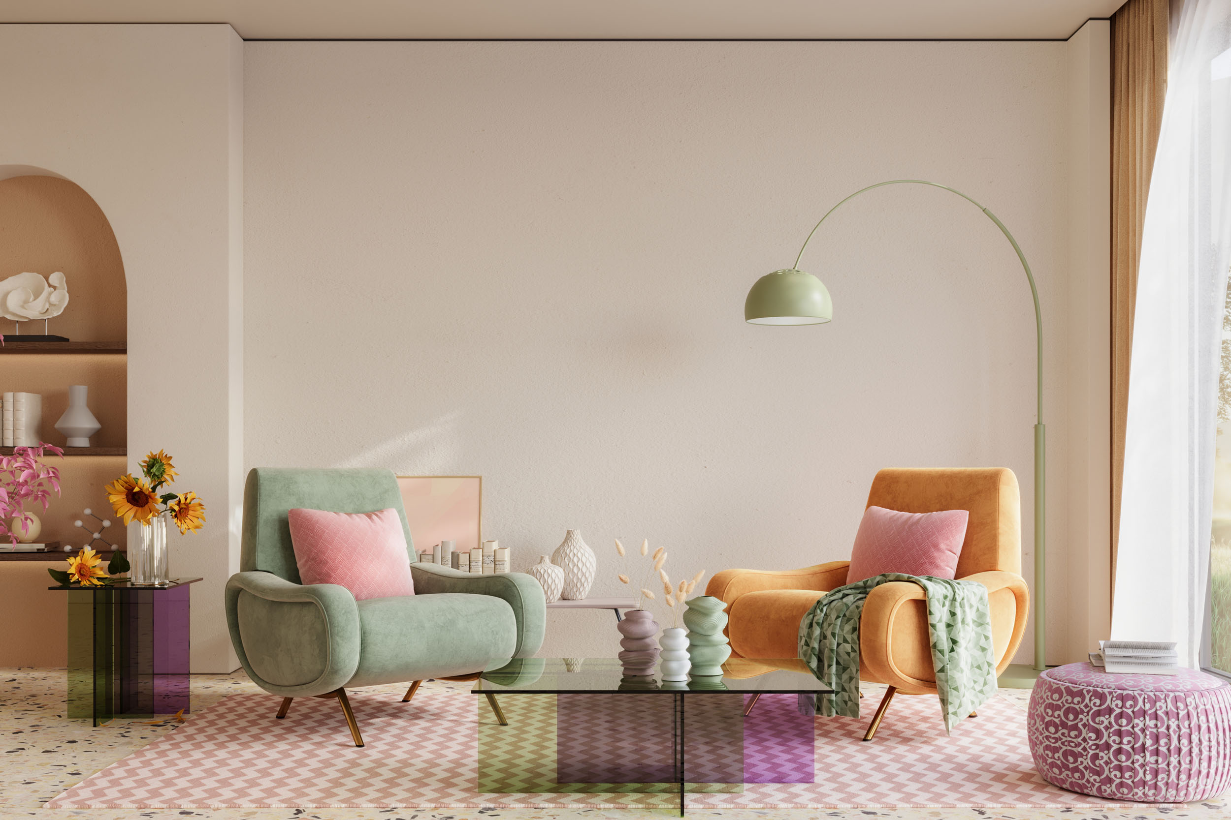 helles modernes Wohnzimmer mit bunten Sesseln und Dekoration